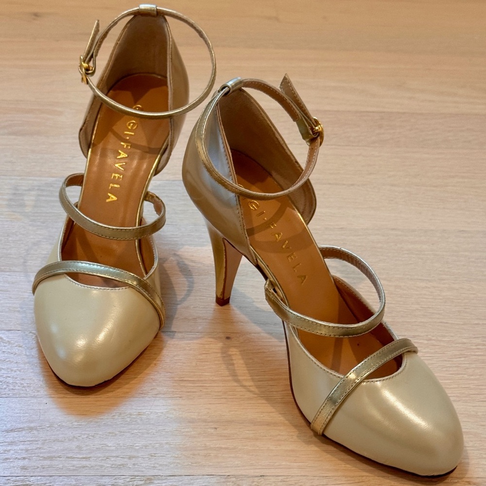 Beige and Metallic Strappy Heels
